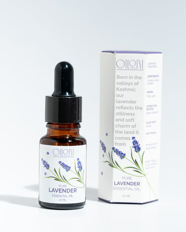 Oilori lavender essential oil bottle with dropper and packaging on a white background