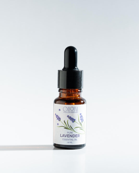 Oilori 10ml Bottle of pure lavender essential oil with a dropper on a white background